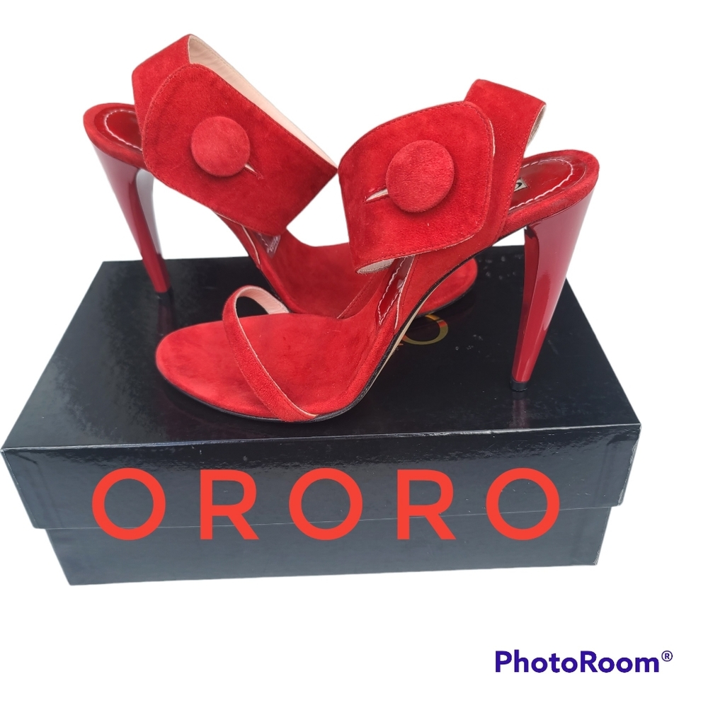 Ororo " Ladio" red open toe, strappy stiletto heels size 38.5 (8.5/9)
